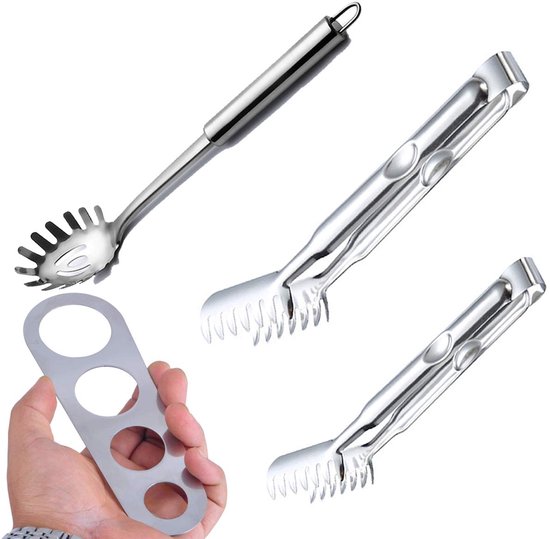 Spaghetti Server, 4pcs Set Professional Spaghetti Spoon Tongs Measure Tools Durable Stainless Steel Pasta Spoon Measurer for Kitchen Utensils