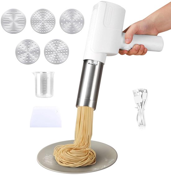 SPHProducts - Elektrische Pastamaker - Draadloos - Automatische Pasta Maker - 5 Vervangbare Mallen - Eenvoudig in Gebruik - Pasta Bereiden - Keukenappa... van Merkloos