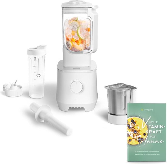 Springlane Power Blender Hanno 2000 W - 2,5 L Tritan Kan - Wit + Roestvrijstalen Mengkom en To Go Beker van Merkloos