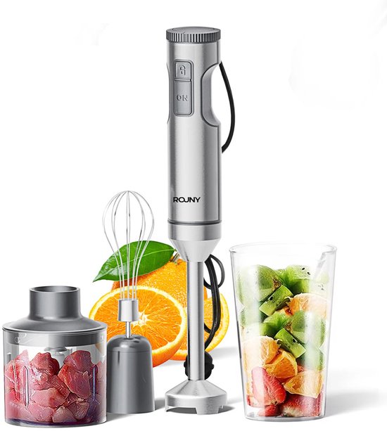 Staafmixer 1200W - 4-in-1 Handblender met Hakmolen, Garde en Maatbeker - 15.000 RPM - RVS Schacht