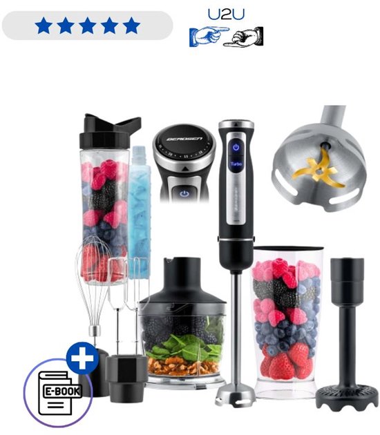 Staafmixer 1500W Berdsen BD-754 Met Accessoires En Smoothie Fles Turbo Blender Set Met Ebook van Merkloos