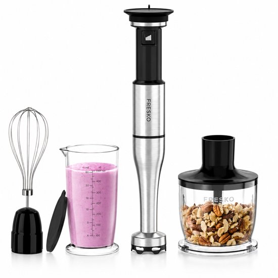Staafmixer 4-in-1 – 1000W – Traploze Snelheid – Hakmolen, Garde & Maatbeker – RVS Messen