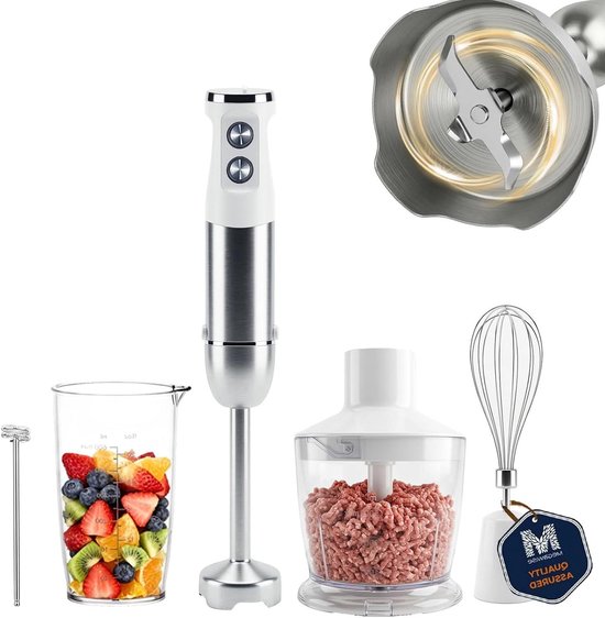 Staafmixer 5-in-1 - Blender Keukenmachine - Eten Bereiden - Variabele Snelheid Turbo - 1000 Watt - Wit