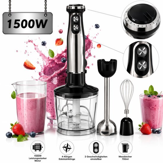Staafmixer 5-in-1 mixerset, roestvrijstalen staafmixer met traploze snelheidsregeling, 1500 W, hakmolen, garde, melkopschuimer en maatbeker
