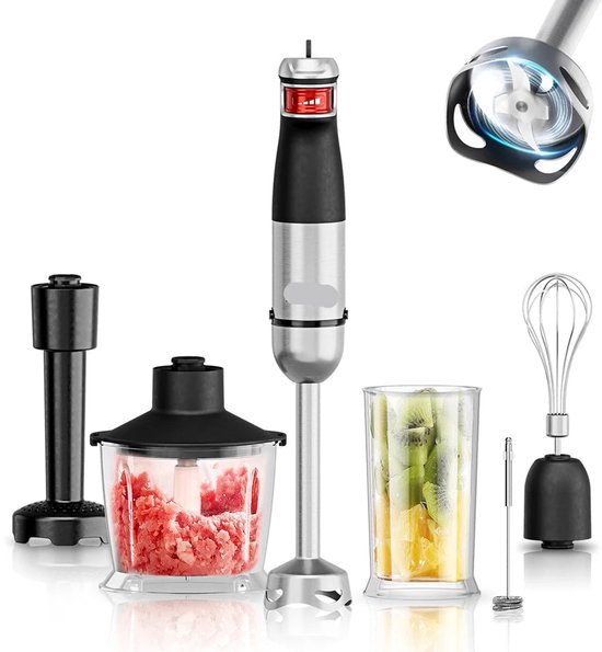 Staafmixer - 6-In-1 - 1200W - Handblender - Elektrisch - Roestvrijstalen Messen - Opzetstukken voor Kloppen - Hakken en Pureren - Foodprocessor - 18,000RPM - Zwart van Merkloos