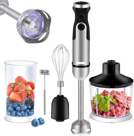 Staafmixer BHB1200 (1200 W, 6 snelheidsniveaus + turbo, inclusief 500 ml hakkom en 600 ml beker) met roestvrijstalen messen, BPA-vrij van Merkloos