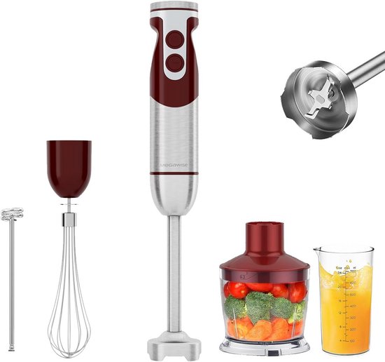 Staafmixer - Handblender - Koken en mixen - 12 snelheden met turbo - 600 ml beker - Rood