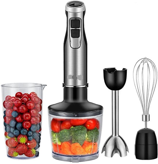Staafmixer - Keukenmachine - Hakmolen - 4-in-1 - Hoge Vermogen -1200W - Smoothie - Hakmolen - Garde - Roestvrijstalen Messen - IJs - Sauzen - 6 Snelheden van Merkloos