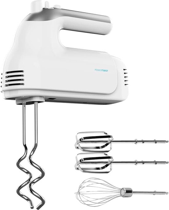 Staafmixer Powertwist 500 Pro. 500W, 5 snelheden, turbo-functie, inclusief roestvrijstalen garde, kneedhaak, QuickOut-knop, BPA-vrij, verticale stand, perfecte mengsels