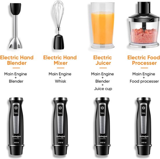 Staafmixer Set 4-in-1 800 Watt met Hakmolen en Garde - 600ml Mengbeker 500ml Chopper van Merkloos