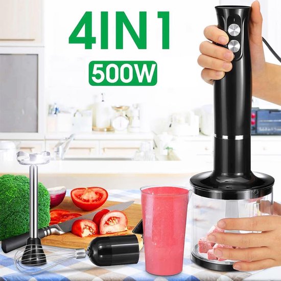 Staafmixer Set - 4-in-1 Staafmixer - Hakmolen - 2-versnellingsbak - Gemakkelijk Schoon te Maken - BPA-vrij - RVS - 500W - Zwart