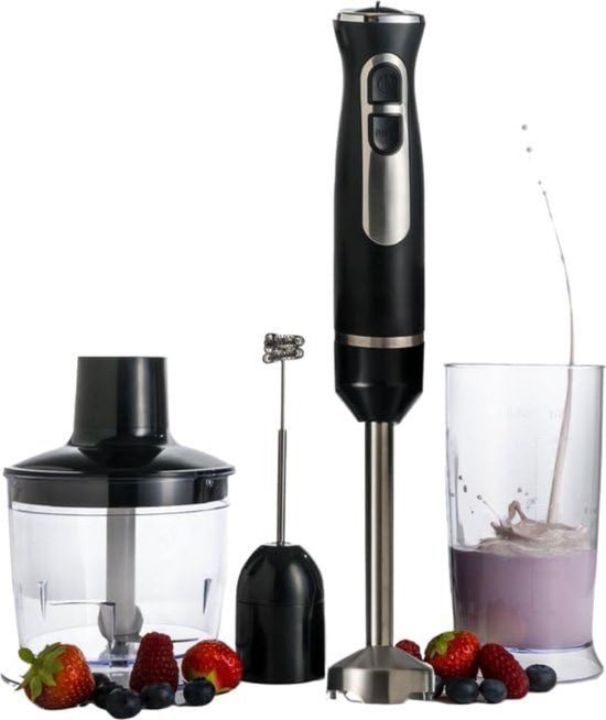 Staafmixer Set - Hakmolen - Groentesnijder - Soepmaker - Draadloos - Zwart met Zilver van Deeluxe.