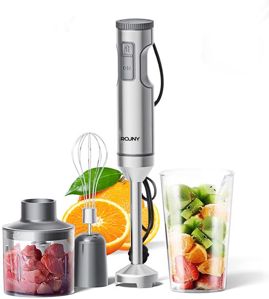 Staafmixer set - Handblender met hakmolen - Traploze snelheid - 1000 W - 700 ml maatbeker - Keukenmixer - 6,5 x 6,5 x 40 cm - Zilver