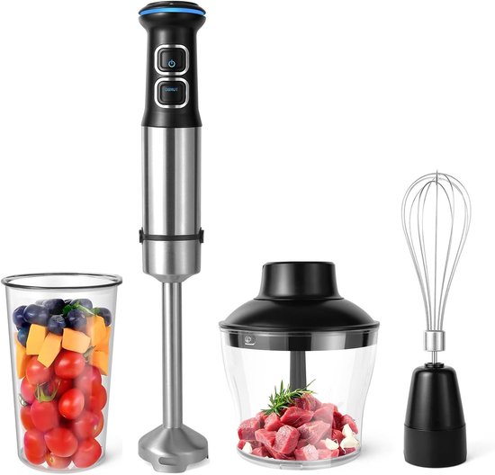 Staafmixer Set - Keukenmixer Accessoires - Maaltijden Bereiden - 4 Roestvrijstalen Bladen - 600 ml Chopper - Zwart