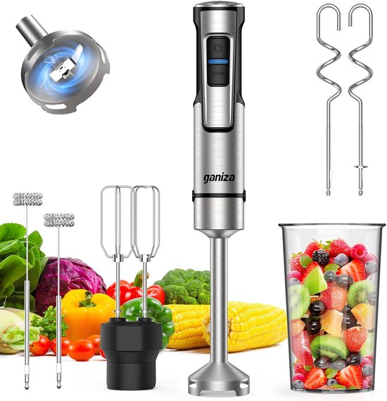 Staafmixer Set - Staafmixer - 5-In-1 Puree Bar, 1200 W, Krachtig Vermogen Met Snelheidsregeling En Turboknop - Staafmixer Met Dubbele Melkopschuimer - Voor Het Bereiden Van Sauzen, Soepen En Milkshakes