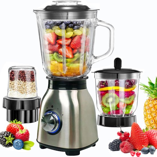 Staande Blender 1500W Smoothie Maker, 2 snelheden, RVS, 1,5L glazen kan, 0,6L draagbare beker, 6 messen voor ijs, smoothies en puree