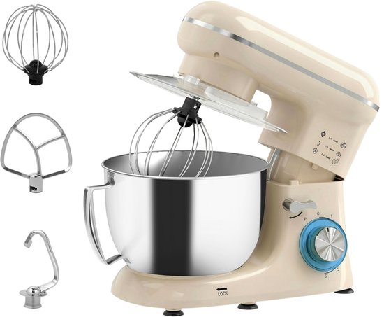 Staande mixer 4,5 liter 1300 W 6 snelheden Roestvrijstalen kom Garde Haak Staaf Beige