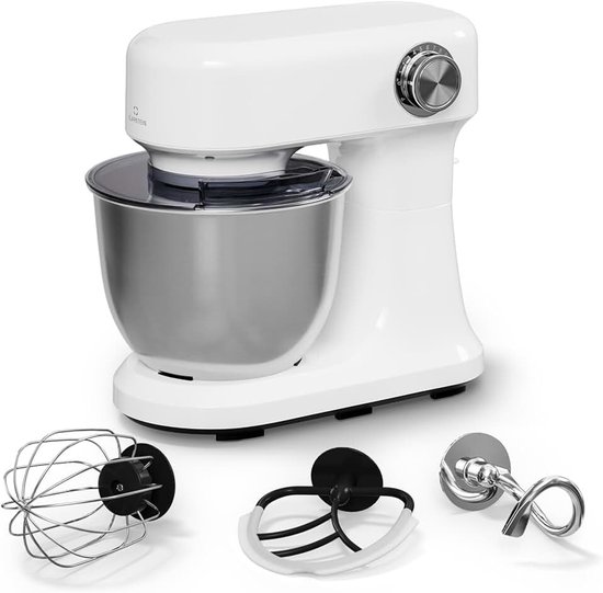 Staande mixer – 5 liter roestvrijstalen kom, 12 snelheden, planetaire mengbeweging, pulsfunctie, deeghaak, klopper en garde, keukenmixer voor bakken, wit