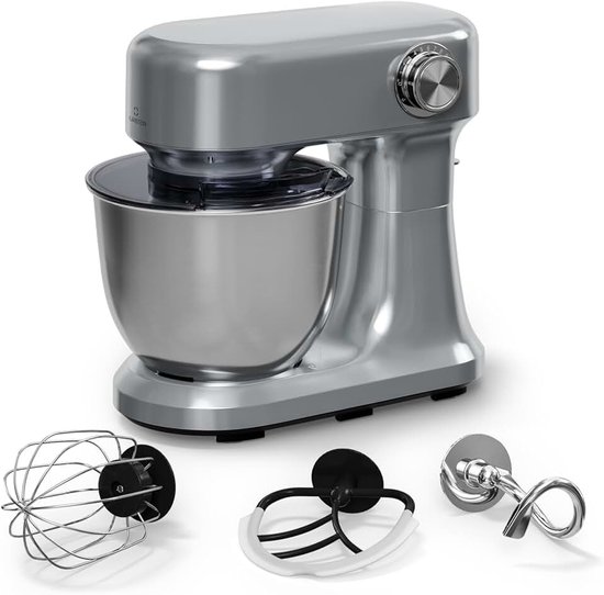 Staande mixer – 5 liter roestvrijstalen kom, 12 snelheden, planetaire mengbeweging, pulsfunctie, deeghaak, klopper en garde, keukenmixer voor bakken, zilver