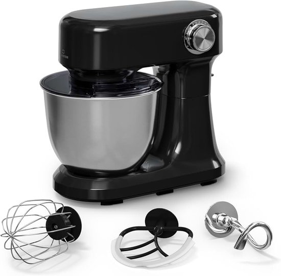 Staande mixer – 5 liter roestvrijstalen kom, 12 snelheden, planetaire mengbeweging, pulsfunctie, deeghaak, klopper en garde, keukenmixer voor bakken, zwart