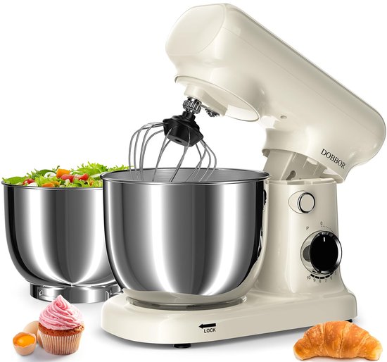 Staande mixer met 2,5 l + 3 l dubbele schalen, 10 versnellingen elektrische bosmaaier, 1500 W, inclusief ei-slag, deegslak en platte schraper voor thuis en dagelijks koken (wit)
