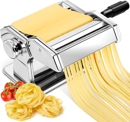 Stainless Steel Pasta Maker Roller and Knife with 7 Adjustable Thicknesses for Pasta Spagna Fettuccine Lasagna - Manual Pasta Machine with Two-Width van Merkloos