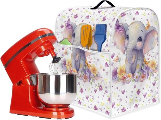 Stand Mixer Cover - Keukenmachinehoes Beschermhoes - Keuken Organiseren - Met Opbergvak - 37 cm Hoog - Cartoon Olifant Bloemen