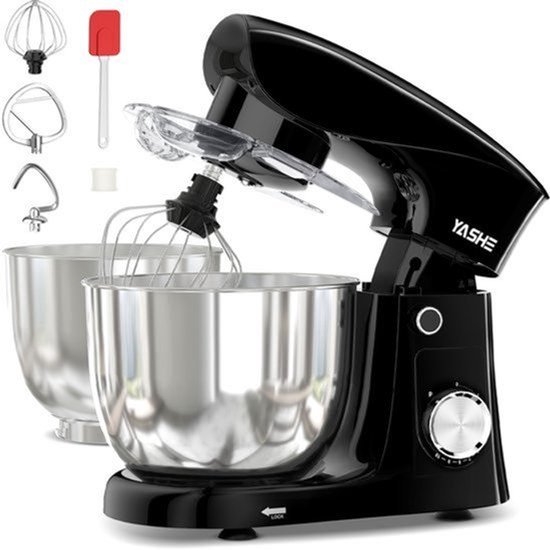 Standmixer 1500W, 4,5 + 5,5 L roestvrijstalen kommen, 10+ snelheden, kantelbare kop, met deeghaak, klopper en garde, multifunctionele keukenmachine