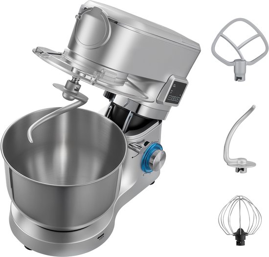 Standmixer met Een Capaciteit van 5,7 L, 1500 W Elektrische Keukenmixer, 6+P Snelheden, Kantelbaar Ontwerp, Inclusief 1,5 L Blenderbeker, Roestvrijstalen Kom, Deeghaak, Garde en Klopper voor Bakken en Mixen, Zilver van Merkloos
