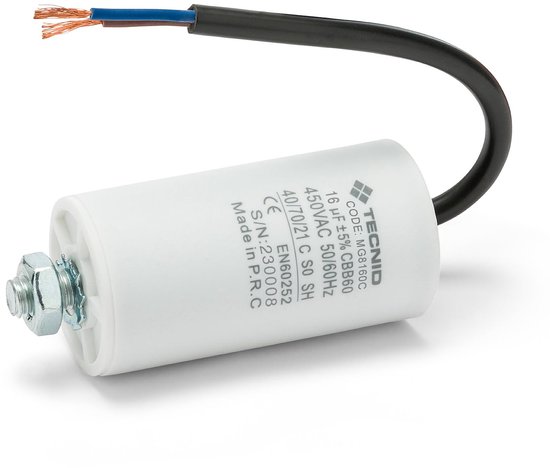 Startcondensator voor elektromotoren, 450V, capaciteit: 16µF, met 15cm kabel