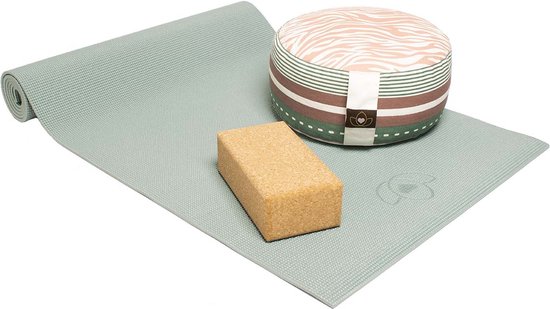 Starterspakket yogamat, meditatiekussen en blok - asgroen van Pure Yoga.