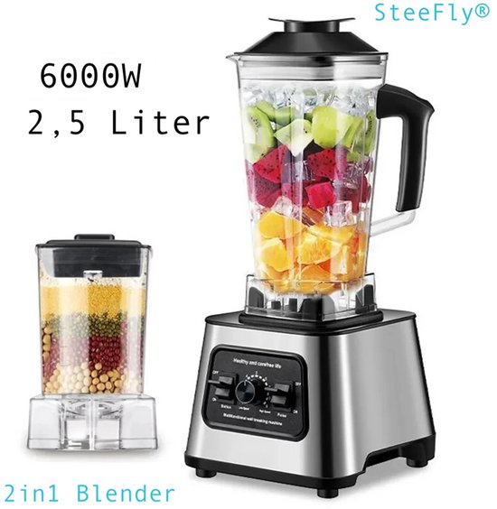 SteeFly® Krachtige 6000W blender - 2in1 - Smoothie maker - Mixer - 2,5 L Tank - Makkelijk te reinigen - Met Cleanfunctie van Merkloos