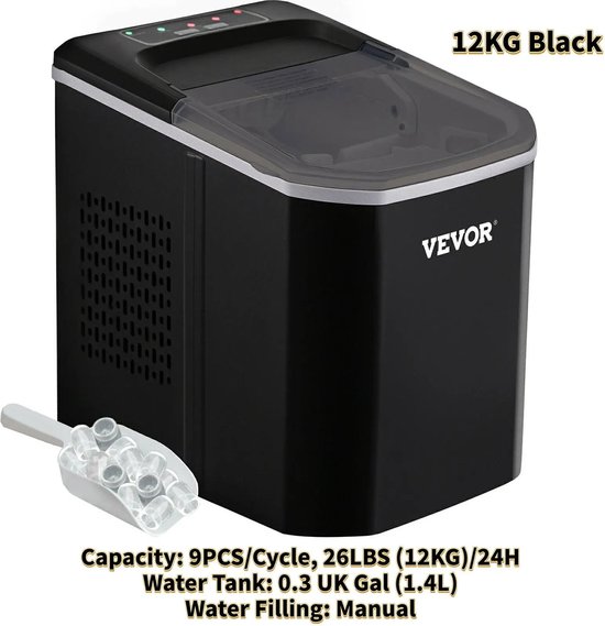 Stellar IJs Maker - IJsblokjes machine - IJsmachine - 12KG - Zwart - IJsblokjes Maken - IJs Dispenser van Stellar