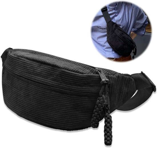 Stijlvolle Corduroy Heuptas voor Dames en Heren - Verstelbare Schouderriem, Ideaal voor Vrije Tijd en Sport, Zwart Crossbody Tas van Merkloos