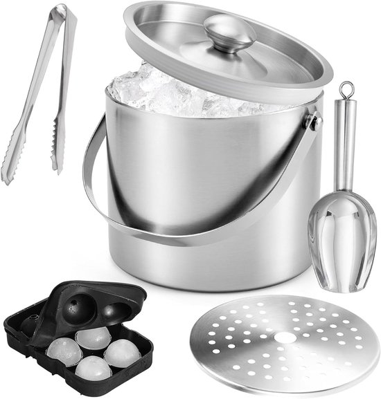 Stijlvolle RVS IJsblokjeshouder met Deksel, 4 Liter, Inclusief IJslepel en Siliconen IJsblokjesvorm, Perfect voor Champagne en Drankjes van Merkloos