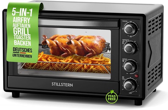 Stillstern mini-heteluchtoven 35 l (DE-versie) pizza Ø28, CYCLONE PRO+ antiaanbaklaag, ontdooien, 2 uur timer, camping mini-heteluchtoven pizzaoven mini-oven klein kipgrill met draaispies van Stillstern