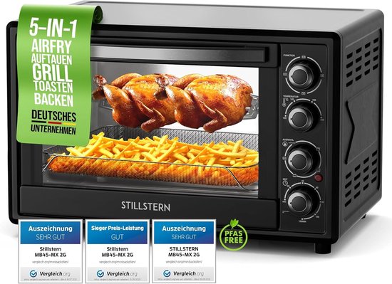 Stillstern mini-heteluchtoven 45 l (DE-versie) pizza Ø32, CYCLONE PRO+ antiaanbaklaag, ontdooien, 2 uur timer, camping mini-heteluchtoven pizzaoven mini-oven klein kipgrill met draaispies van Stillstern