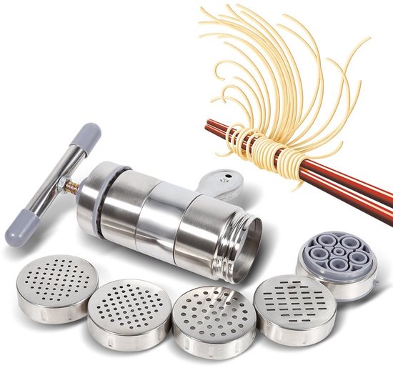 Store_8 - Pastamaker - Handbediend - Roestvrij staal - Met 5 vormkoppen - Ideaal voor het maken van verse pasta - Geschikt voor thuisgebruik - Zilver
