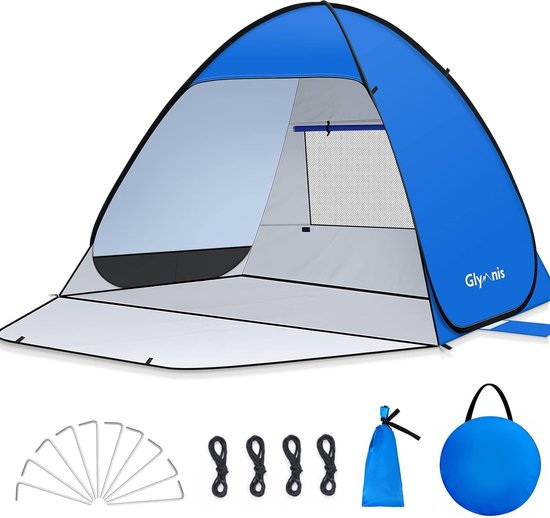 Strandtent pop-up strandtent met ritssluiting UV-bescherming 50+ windbescherming, kleine verpakkingsmaat, blauwe strandtent van Outsunny