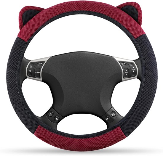 Stuurwielhoes voor Auto met Schattige Oortjes, Antislip, Universeel voor Vier Seizoenen, Zwart en Rood, Comfort en Stijl van Merkloos