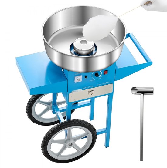 Suikerspinmachine - Commercieel elektrisch met kar - 1000 W - 52 cm RVS kom - Met opberglade - Inclusief suikerschep - Blauw van Merkloos