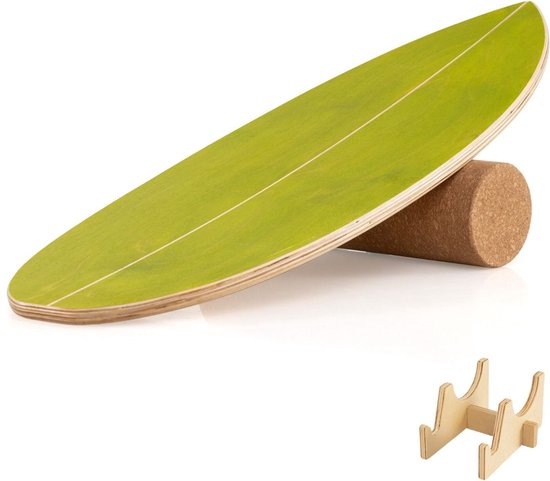 SureDeal® - Turnstang - Balansbord - Volwassenen Houten Schommel - Kurken Rollen - Opbergbeugel - 79x28 cm - Groen