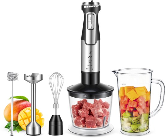 Svintora - Staafmixer Set 5-in-1 -1600W Handblender -Incl.Hakmolen, garde, melkopschuimer & Maatbeker - 6 Snelheden - RVS van Svintora