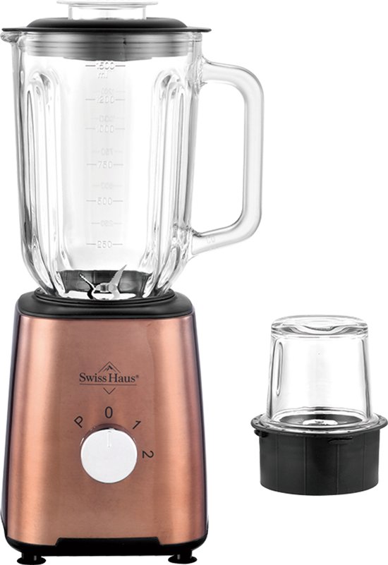 Swiss Haus® BL2115 Blender - 500W Smoothie Maker – 1.5L Glazen Kan & Grinder – RVS Messen – 2 Snelheden + Pulse – Vaatwasbestendig – Veiligheidsmicro-schakelaar – Koper van Merkloos