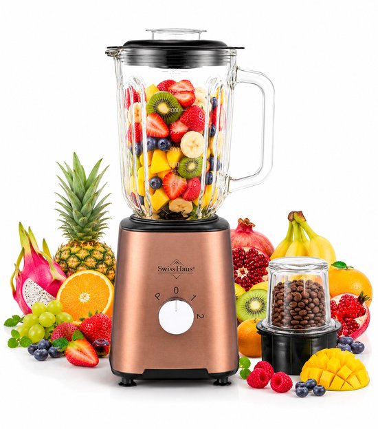 Swiss Haus® BL2115 Blender - 500W Smoothie Maker - 1.5L Glazen Kan & Grinder - RVS Messen - 2 Snelheden + Pulse - Vaatwasbestendig - Veiligheidsmicro-schakelaar - Koper van Swiss Haus