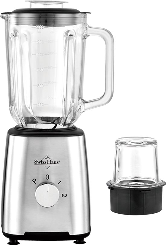Swiss Haus® BL2215 Blender - 500W Smoothie Maker – 1.5L Glazen Kan & Grinder – RVS Messen – 2 Snelheden + Pulse – Vaatwasbestendig – Veiligheidsmicro-schakelaar – RVS van Merkloos