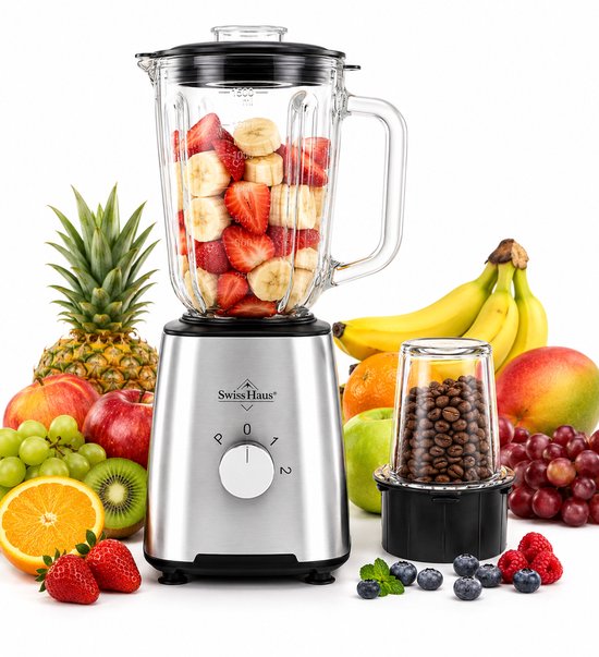 Swiss Haus® BL2215 Blender - 500W Smoothie Maker - 1.5L Glazen Kan & Grinder - RVS Messen - 2 Snelheden + Pulse - Vaatwasbestendig - Veiligheidsmicro-schakelaar - RVS van Swiss Haus