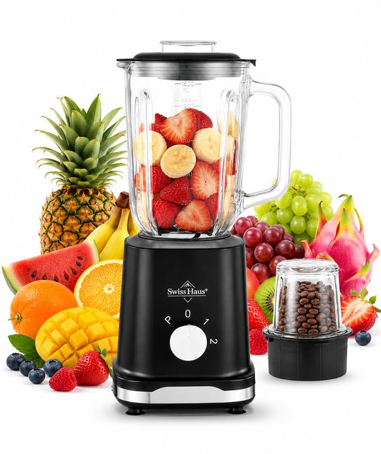 Swiss Haus® BL2315G Blender - 500W – 1.5L Glazen kan - Smoothie maker & Grinder – 2 Snelheden + Pulse – RVS Messen – Vaatwasbestendig – BPA Vrij – Zwart