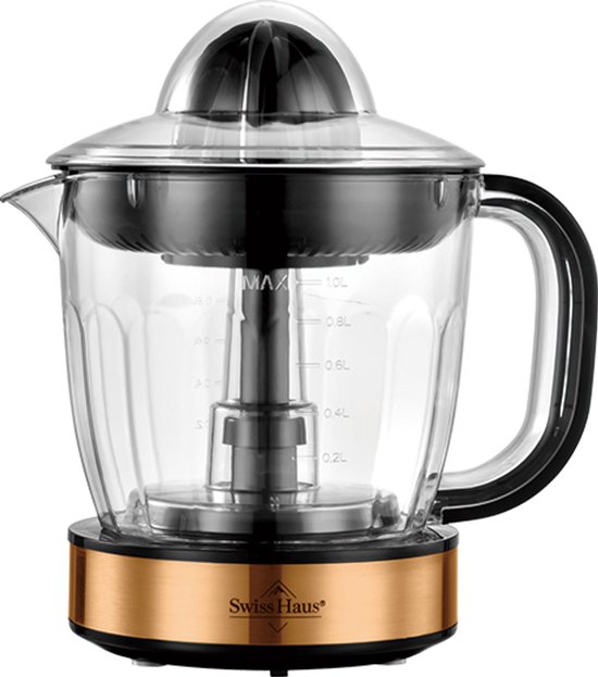 Swiss Haus® CJ2140 Citruspers Elektrisch - 40W – 1L Sapreservoir – Sinaasappelpers - 2 Draairichtingen – Fruitpers met Pulpfilter & 2 perskegels – Compact – Koper van Merkloos