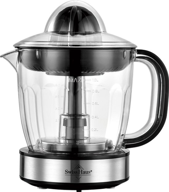 Swiss Haus® CJ2240 Citruspers Elektrisch - 40W – 1L Sapreservoir – Sinaasappelpers - 2 Draairichtingen – Fruitpers met Pulpfilter & 2 perskegels – Compact – Zwart